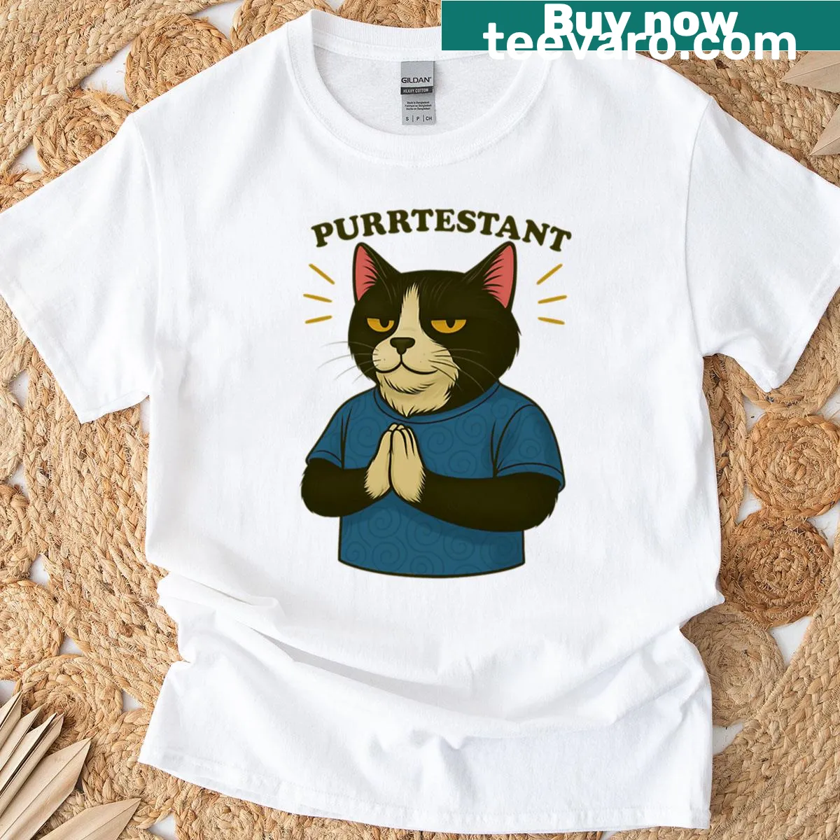 Oversized T-shirt with 'Purrtestant Cat' pun in playful typography — on a men's t-shirt