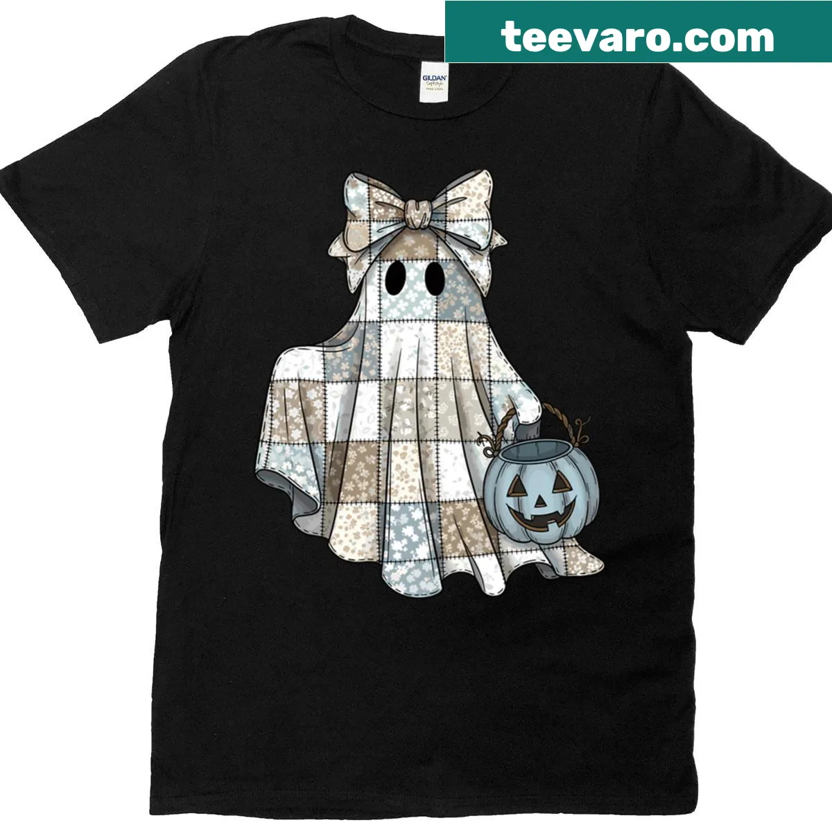 Cute ghost girl with pumpkin bucket on Halloween shirt — on a men's t-shirt