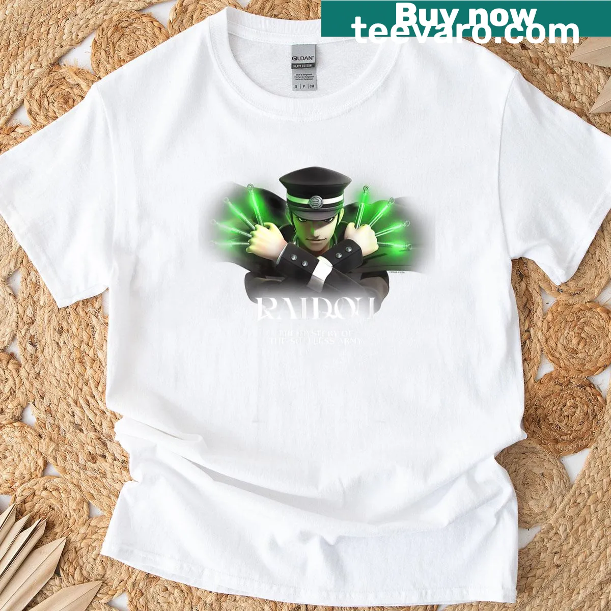 Raidou t-shirt with an illustration of the Soulless Army, emphasizing adventure — on a men's t-shirt