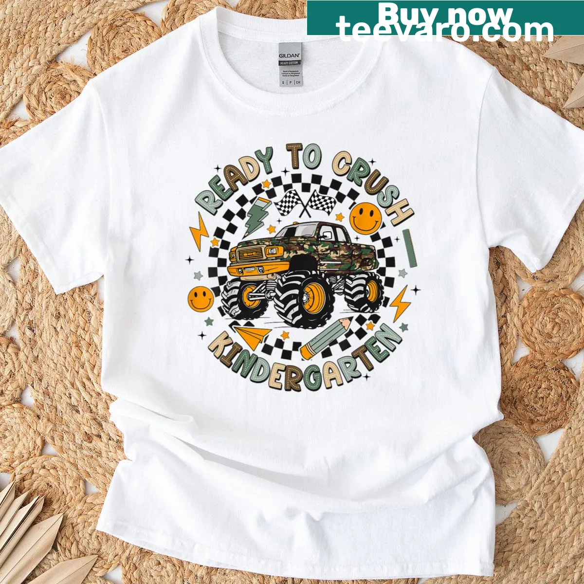 Monster truck graphic on a camo-themed T-shirt for boys — on a men's t-shirt