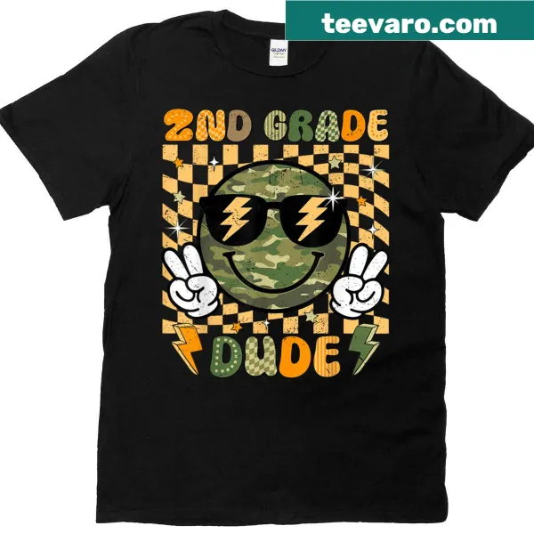 Camo retro t-shirt for boys with 'Second Grade Dude' text