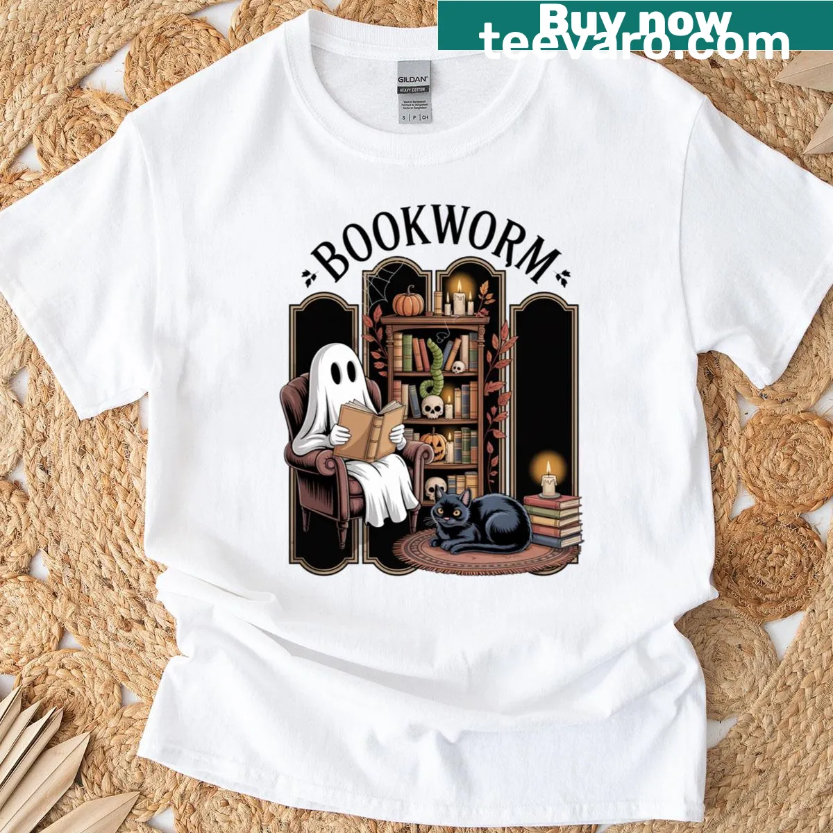 Cartoon ghost reading with a cat and books on a T-shirt — on a men's t-shirt