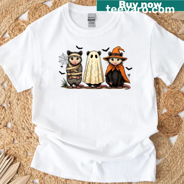 Retro Halloween T-shirt with opossum, pumpkin, and ghost design