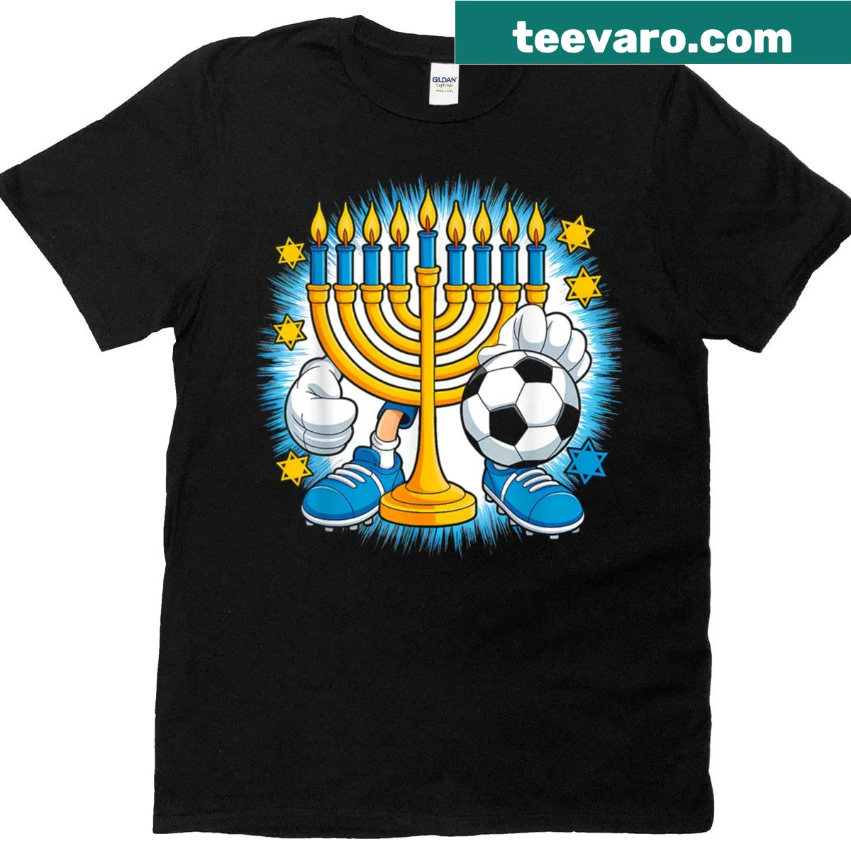 Cute Hanukkah T-shirt with menorah playing soccer illustration — on a men's t-shirt