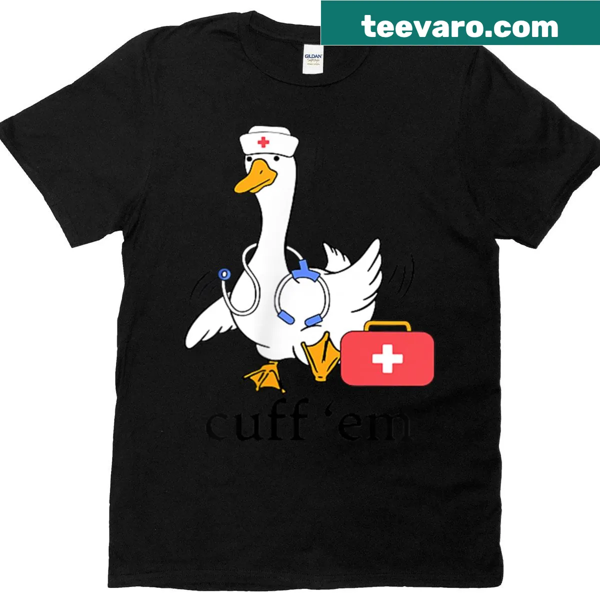 Nursing T-shirt with silly goose graphic and fun text — on a men's t-shirt