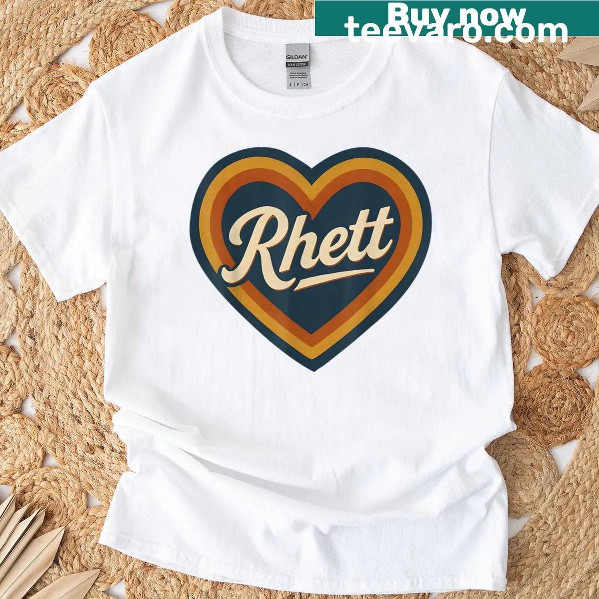 T-shirt with a retro heart design featuring the name 'Rhett' stylishly illustrated. — on a men's t-shirt