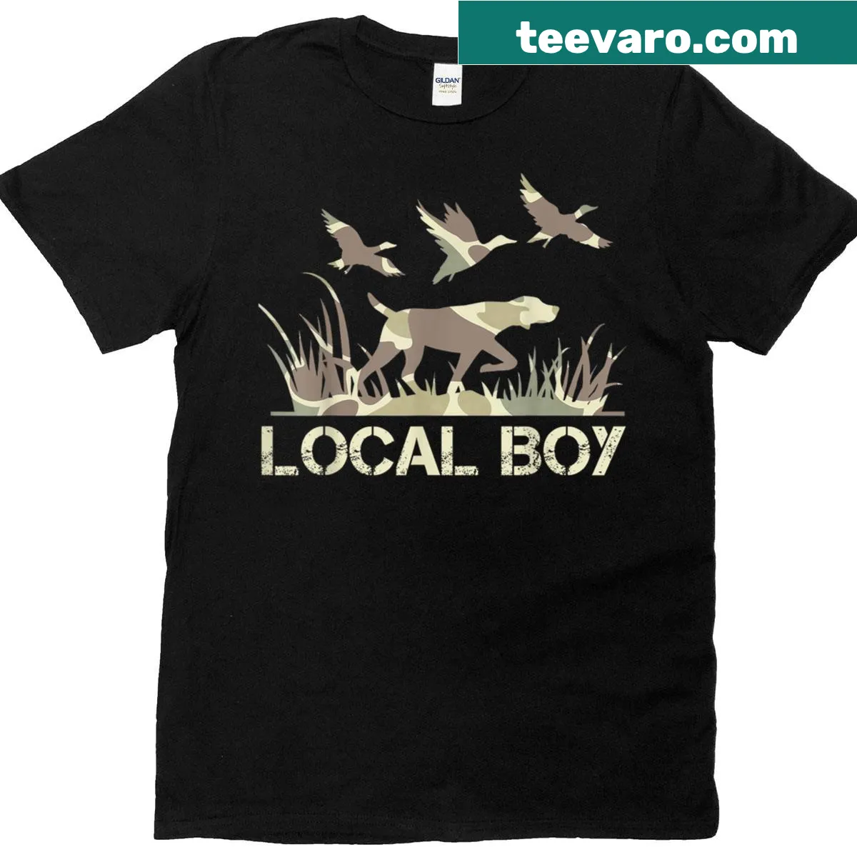 Cartoon hunting dog on a camouflage t-shirt for duck hunters — on a men's t-shirt