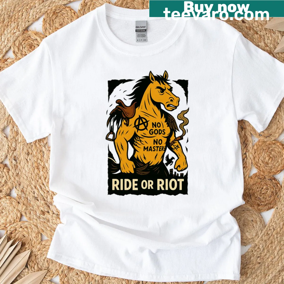 Simple text-based T-shirt with 'No Gods No Masters' slogan. — on a men's t-shirt