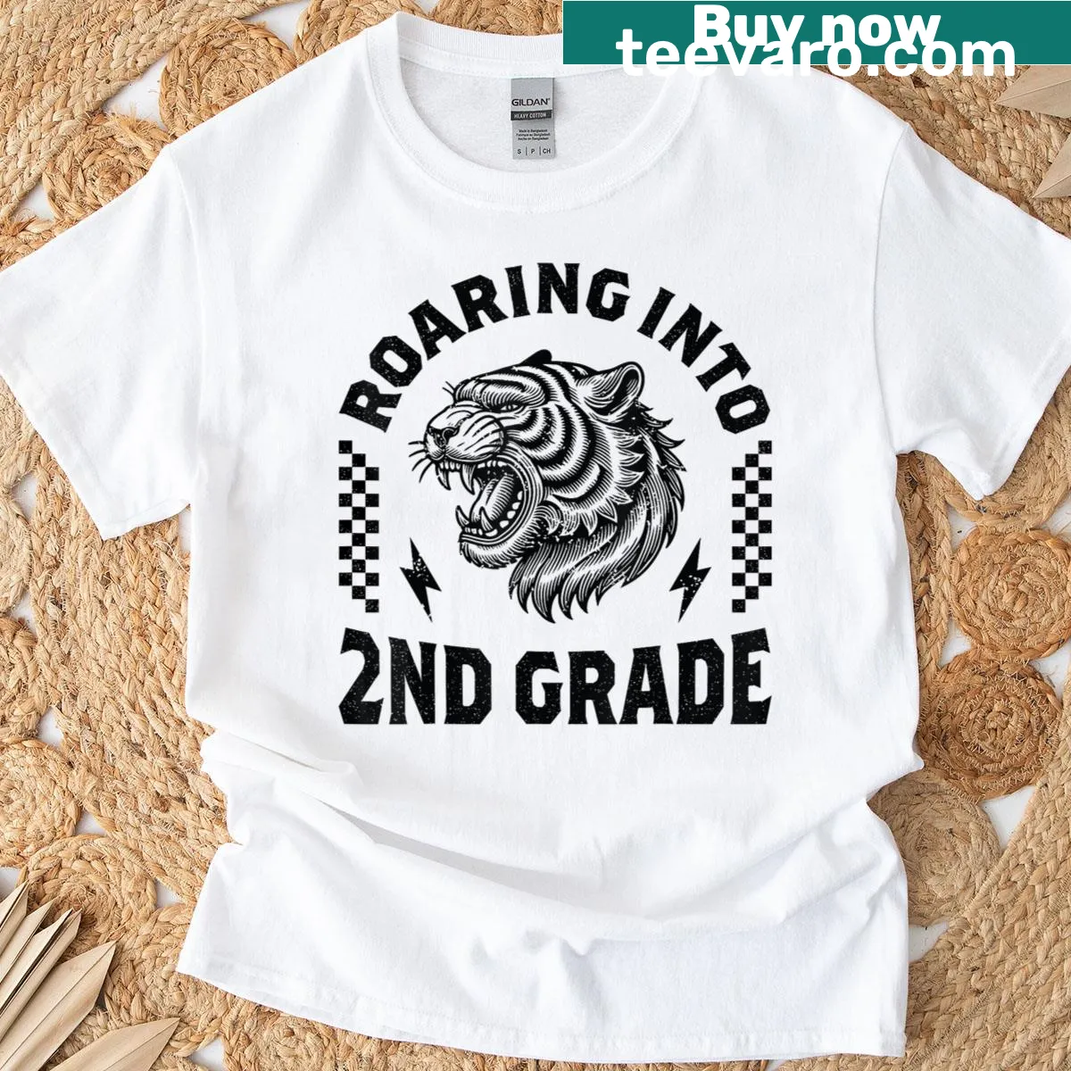 T-shirt featuring a cheerful tiger for kids starting 2nd grade — on a men's t-shirt