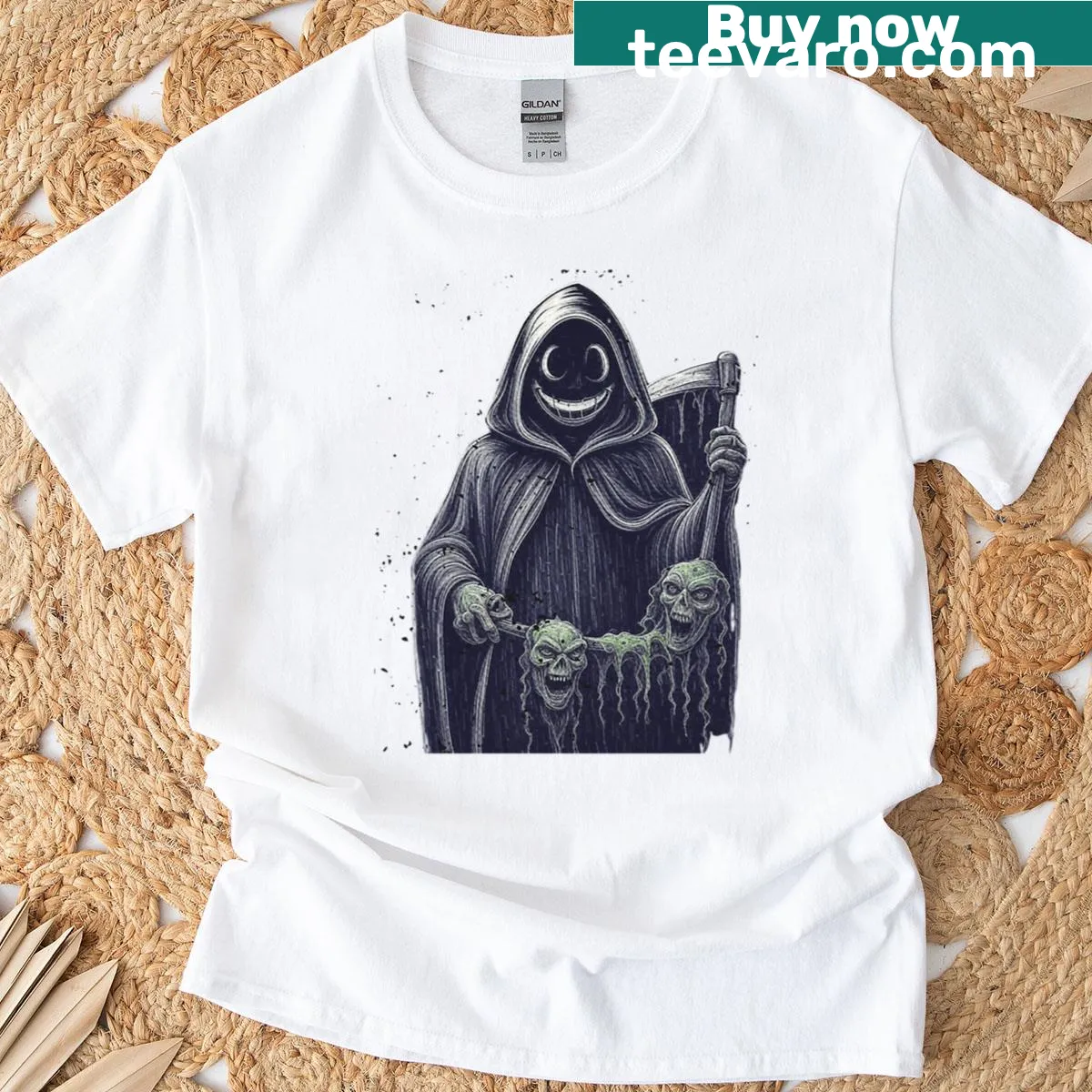 Oversized T-shirt with a graphic of the reaper in a rock style. — on a men's t-shirt