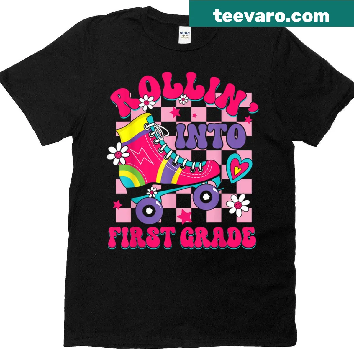 Retro t-shirt for girls celebrating 1st grade with playful design — on a men's t-shirt