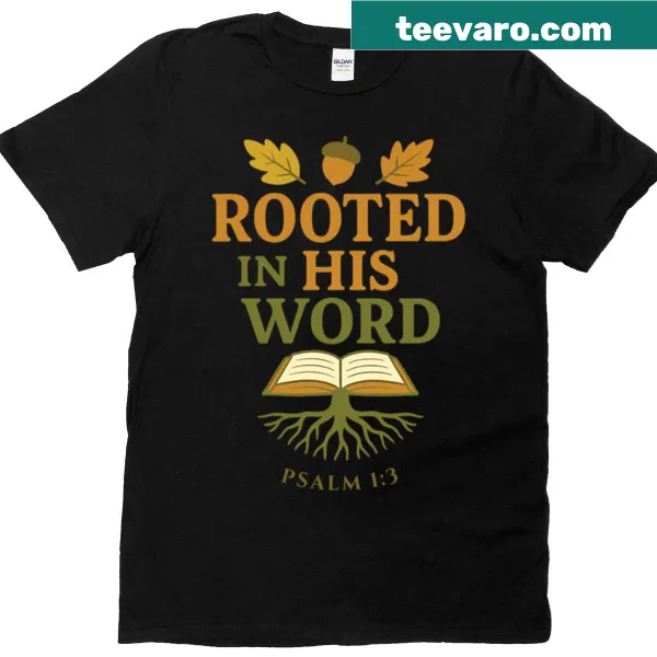 T-shirt featuring the phrase 'Rooted In His Word' in inspirational typography