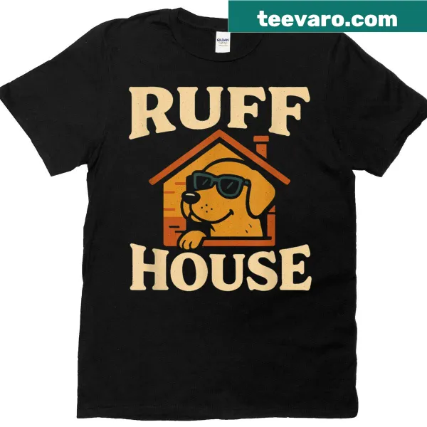 Illustration of a dog in sunglasses with text 'Ruff House' on a t-shirt