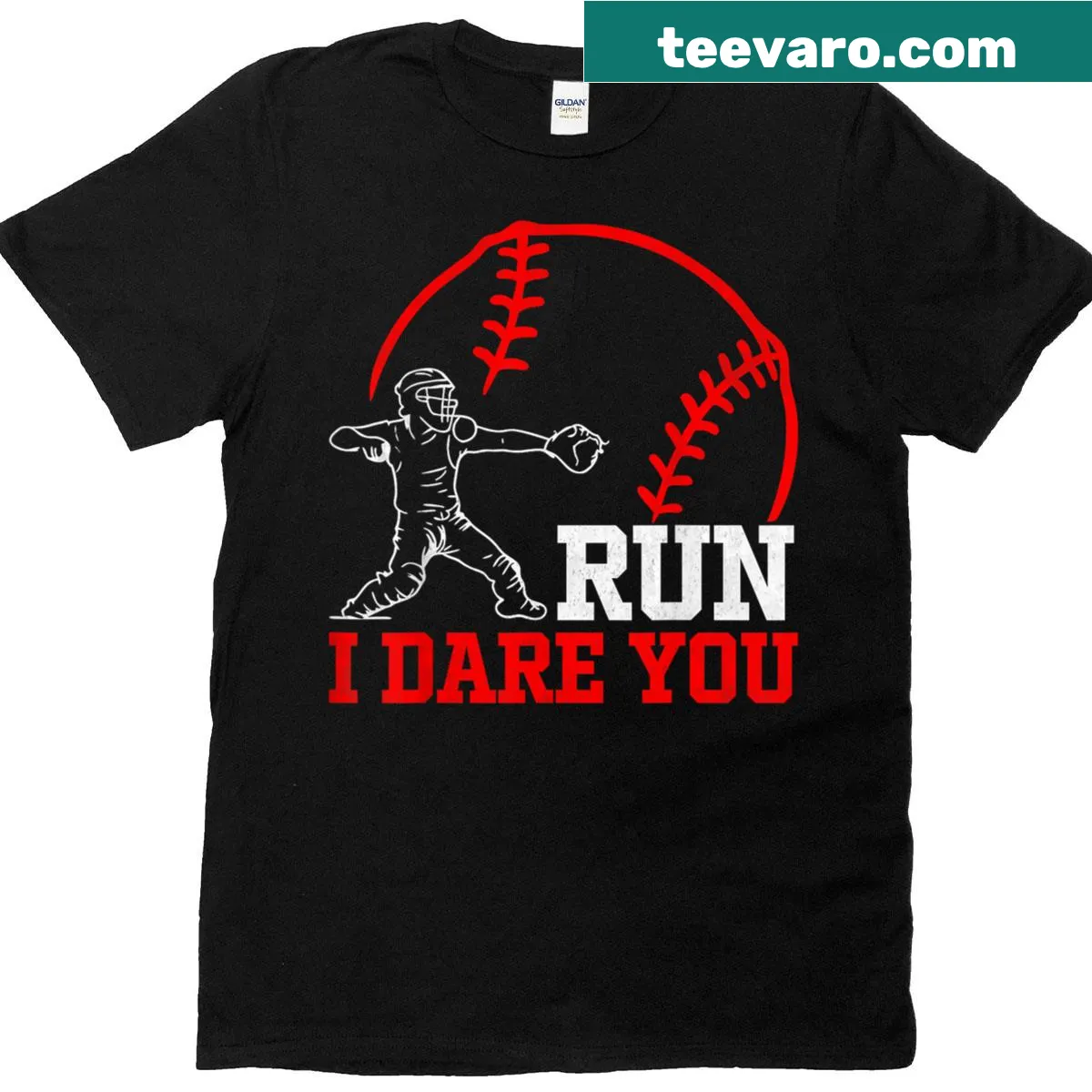 Funny baseball t-shirt with 'Run I Dare You' message and catcher illustration — on a men's t-shirt