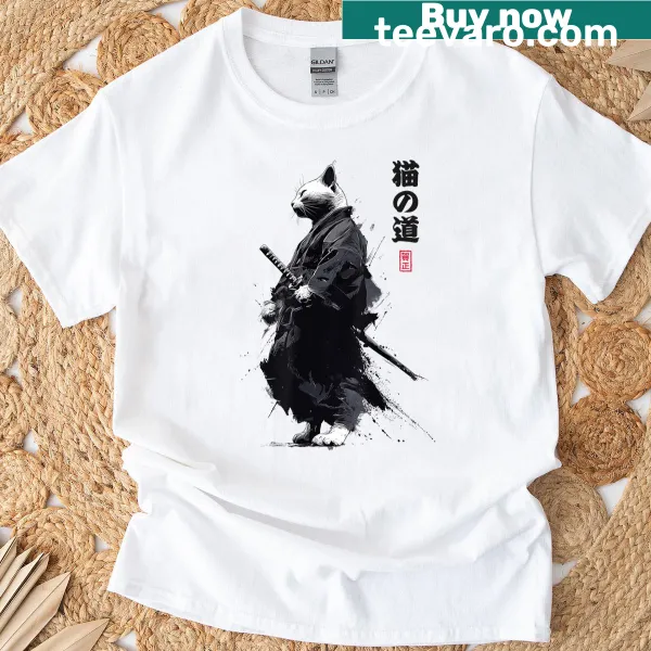 Cat samurai graphic in Ukiyo-e style on t-shirt