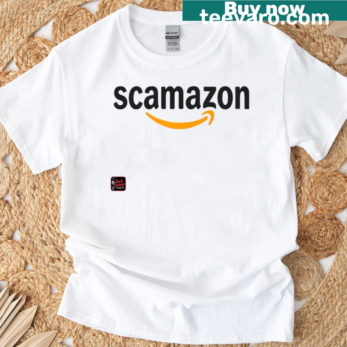 Oversized T-shirt with a parody logo critiquing corporate culture. — on a men's t-shirt