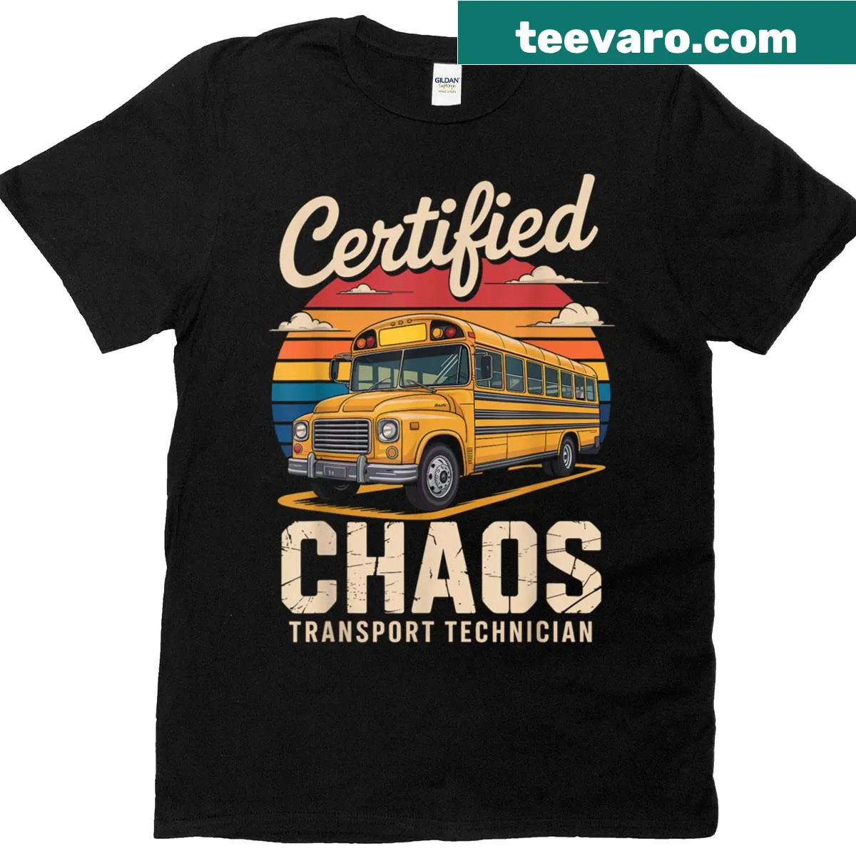 Funny t-shirt for school bus drivers with 'Certified Chaos Transport Technician' text — on a men's t-shirt
