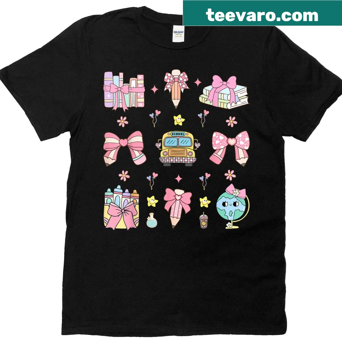 Teacher t-shirt featuring school pencils and bows in a cute design — on a men's t-shirt