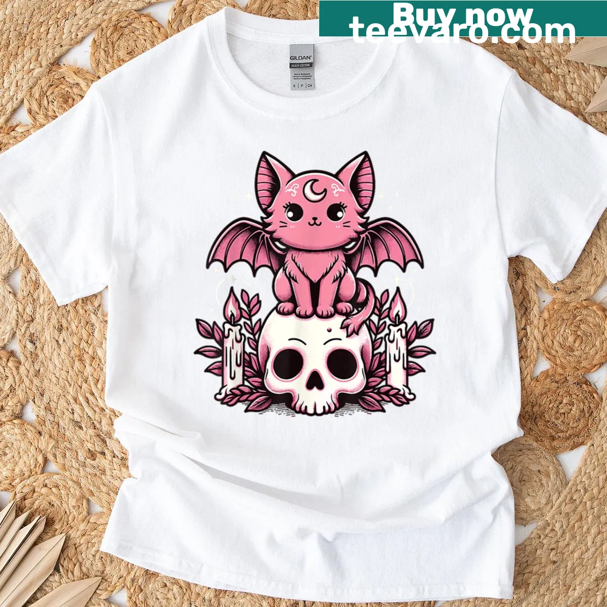 Graphic Halloween t-shirt featuring a skeleton cat illustration — on a men's t-shirt