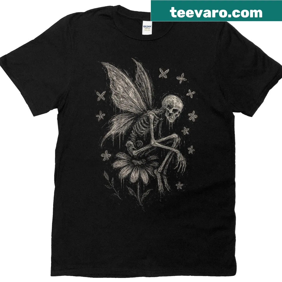 Illustration of a skeleton fairy with flowers in a gothic style — on a men's t-shirt