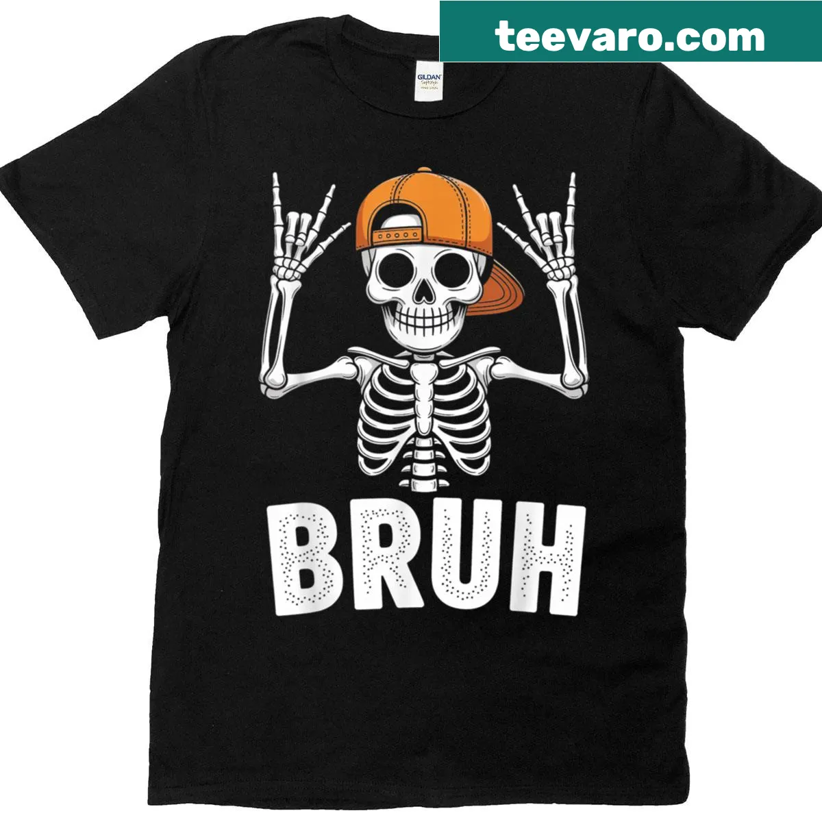 Skeleton in rock pose illustration for Halloween on T-shirt — on a men's t-shirt