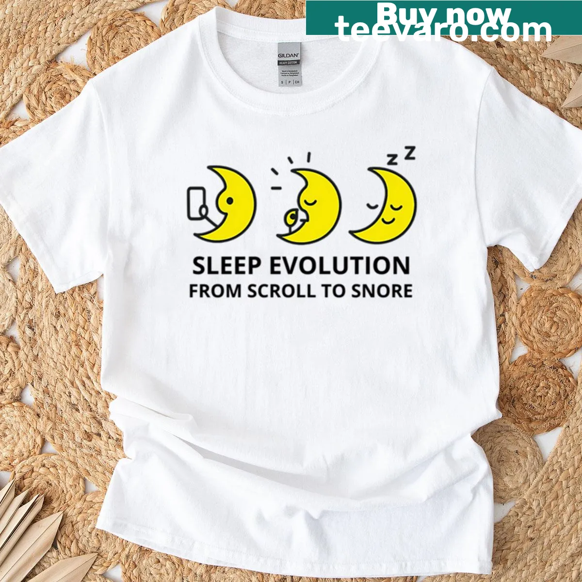 Graphic illustrating the evolution of sleep stages in a playful design — on a men's t-shirt