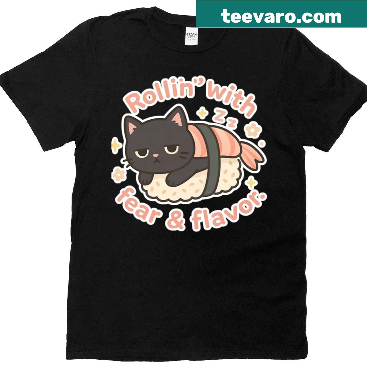 Cute cartoon sleepy sushi cat design for Halloween T-shirt — on a men's t-shirt
