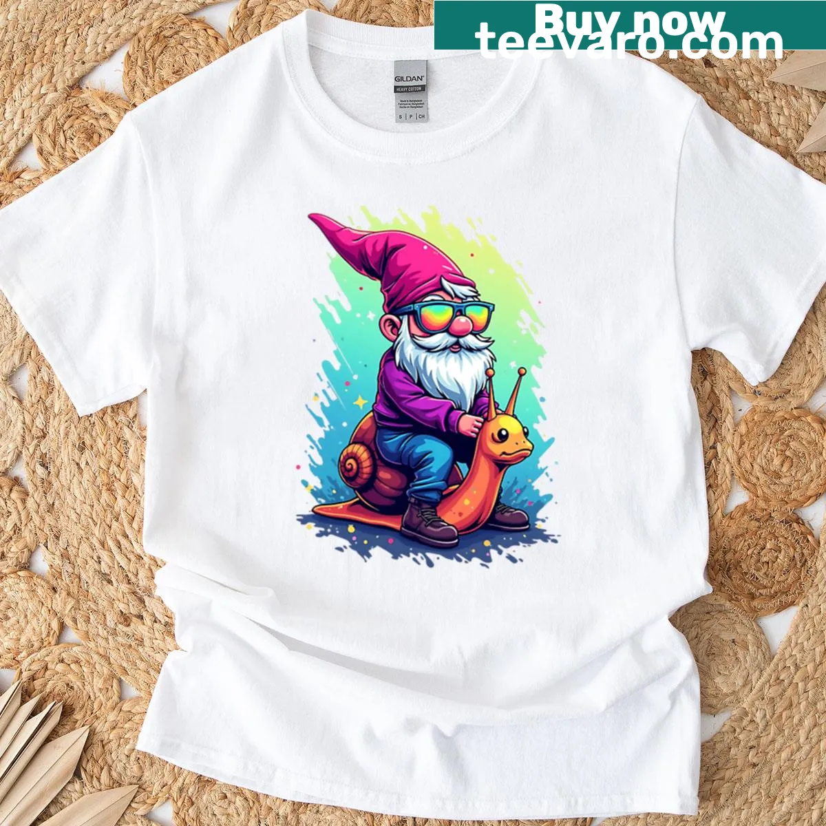 Oversized t-shirt featuring a cute pixel art of a gnome on a snail — on a men's t-shirt