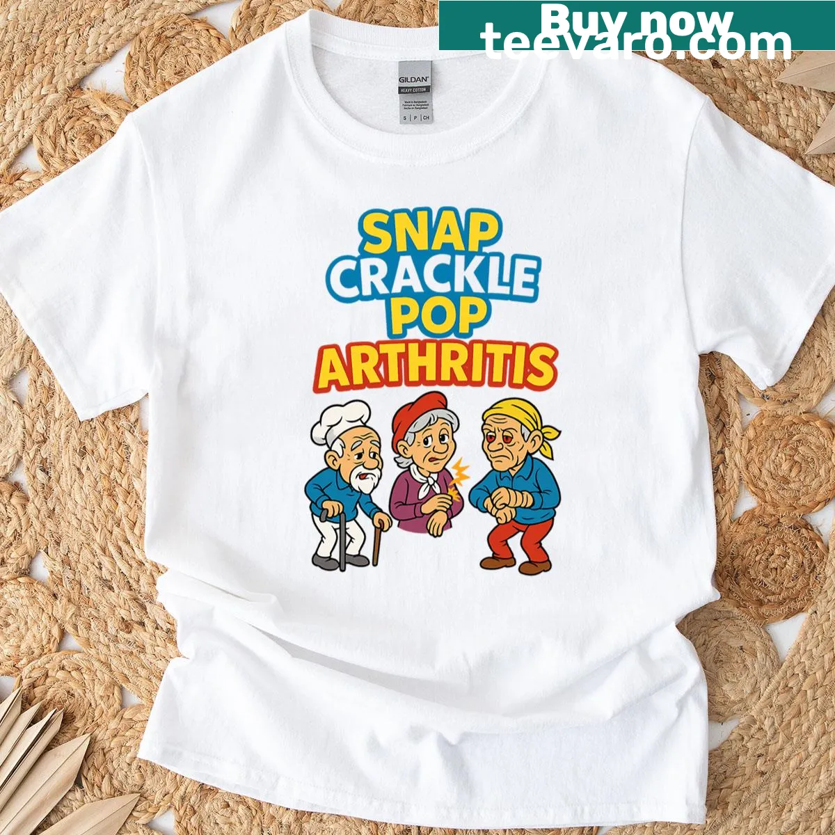 Oversized t-shirt with humorous Snap Crackle Pop Arthritis text — on a men's t-shirt