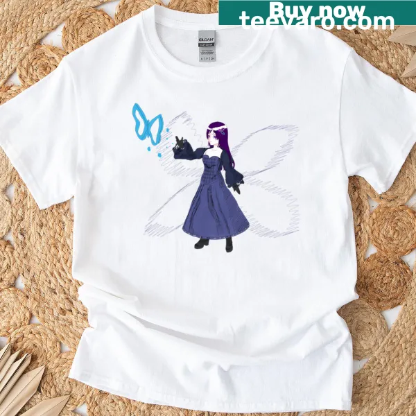 Enchanting sorceress with blue butterflies graphic on a T-shirt