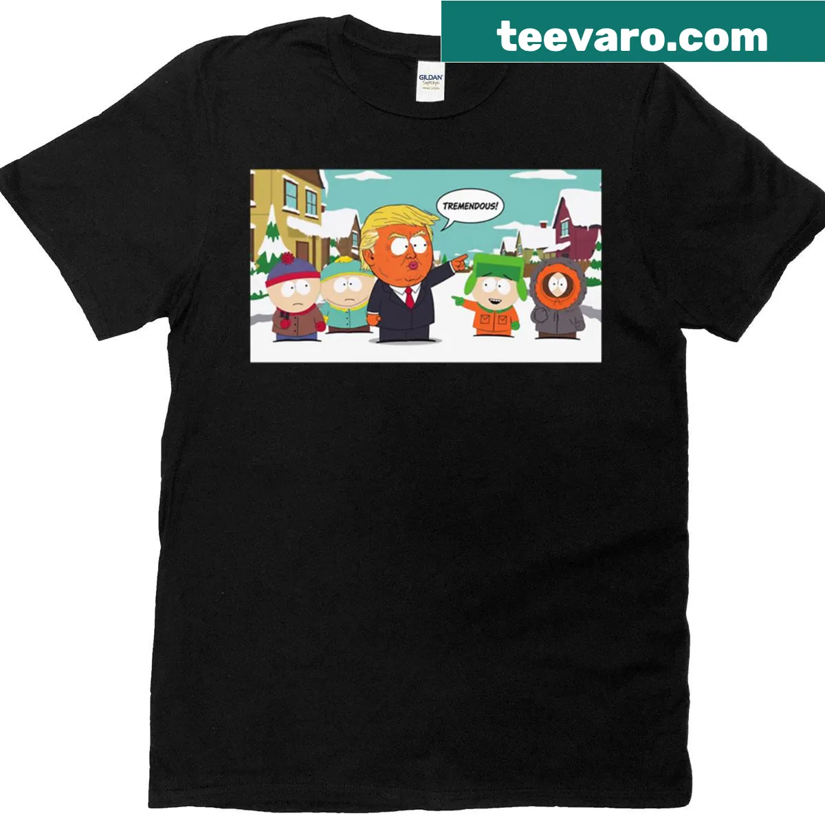 Oversized South Park parody t-shirt featuring Donald Trump — on a men's t-shirt
