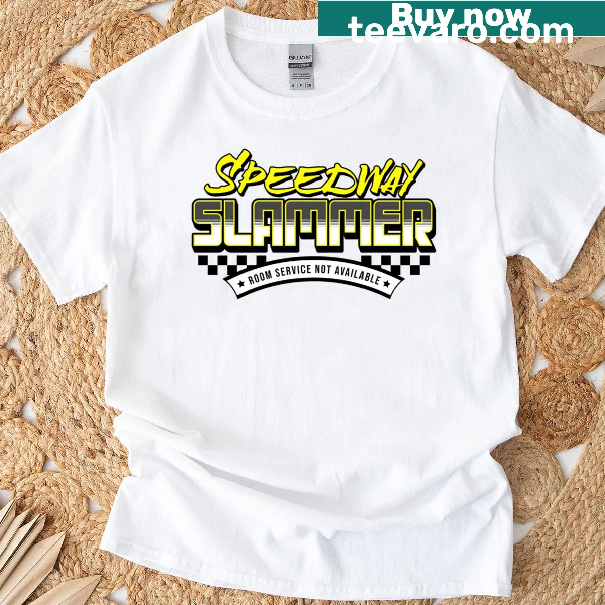 Racing-themed t-shirt featuring a dynamic vehicle design — on a men's t-shirt