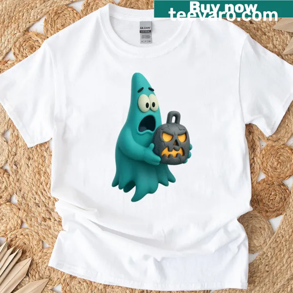 Patrick Star as a ghost Halloween graphic on a T-shirt