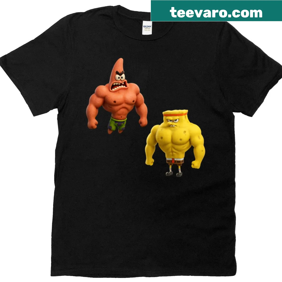 Cartoon graphic featuring Spongebob and Muscle Patrick Star in playful battle. — on a men's t-shirt