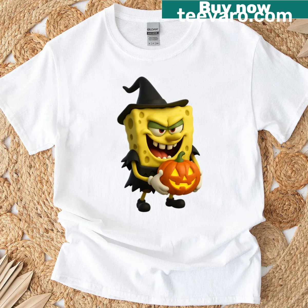Oversized t-shirt featuring Spongebob in a witch dress silhouette — on a men's t-shirt