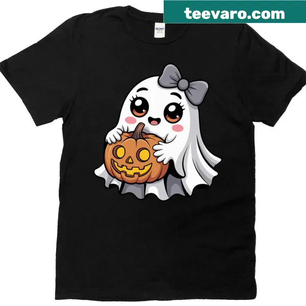Cartoon ghost peeking from behind a pumpkin on a Halloween t-shirt
