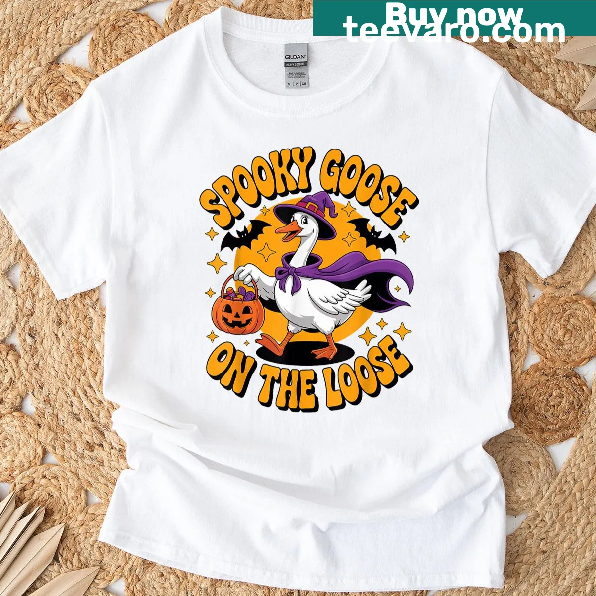 Funny t-shirt with a whimsical goose illustration for Halloween — on a men's t-shirt