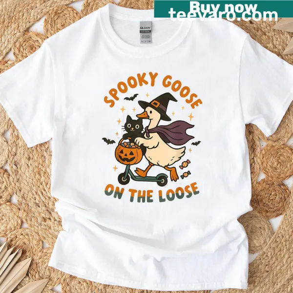 Silly goose dressed as a witch in a fun Halloween graphic.