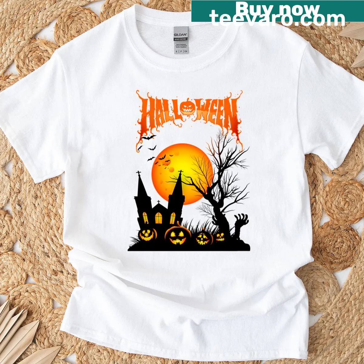 Haunted house and pumpkins graphic on a T-shirt — on a men's t-shirt