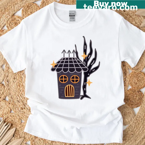 Haunted house and tree illustration on Halloween themed t-shirt