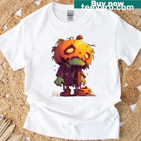 Cute T-shirt featuring a pumpkin-headed zombie illustration.