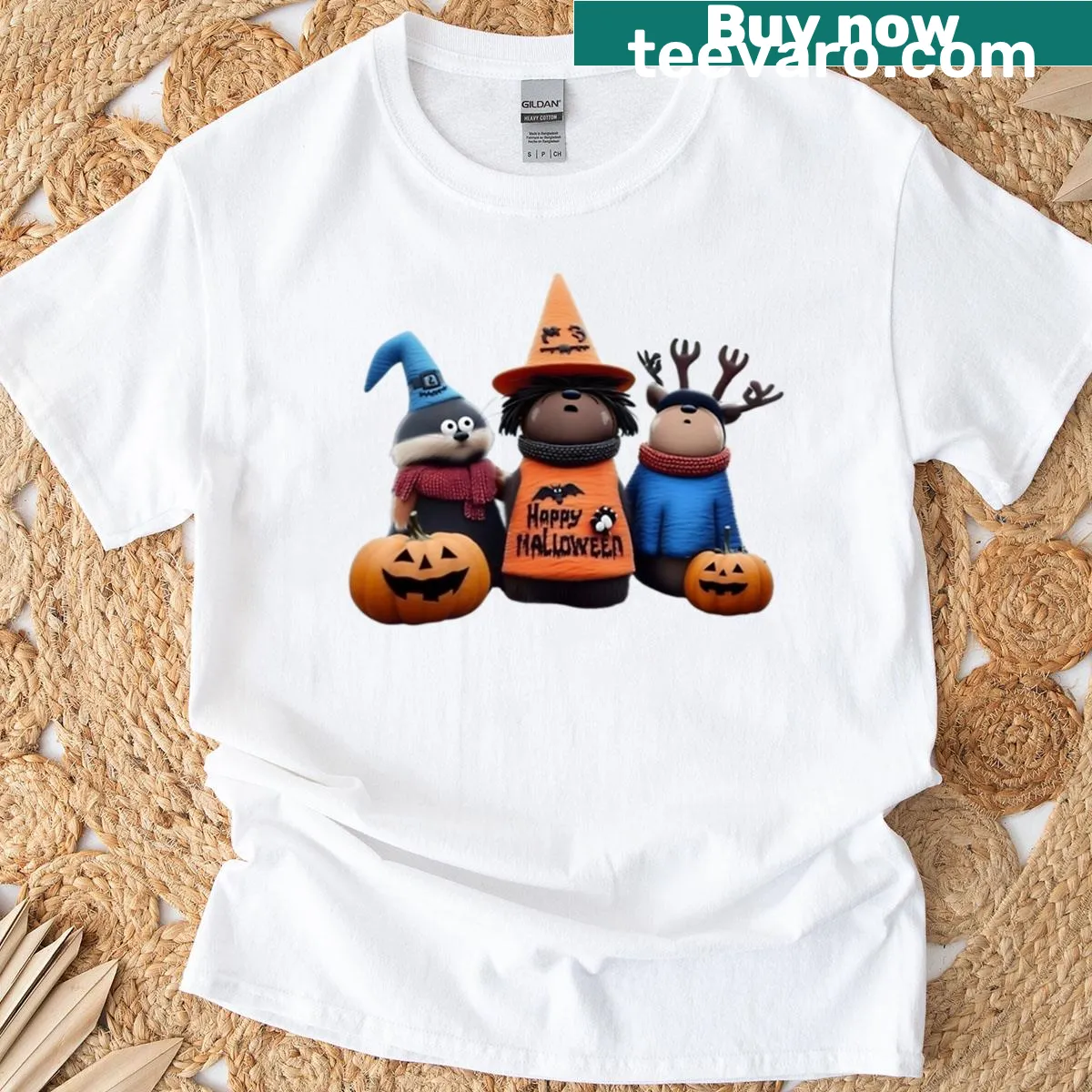 Cartoon pumpkins trio celebrating Halloween in a fun design. — on a men's t-shirt