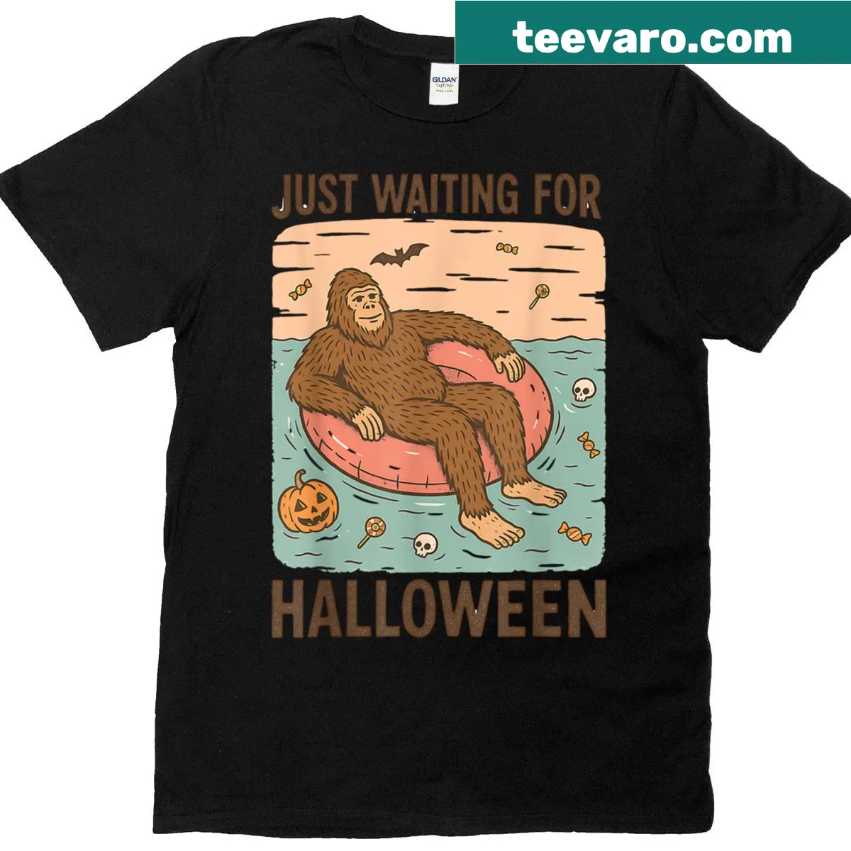 Cartoon-style t-shirt featuring Bigfoot with a Halloween theme — on a men's t-shirt