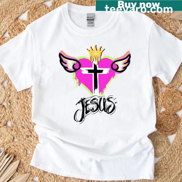 Pink spray paint heart with wings and Jesus illustration on a t-shirt