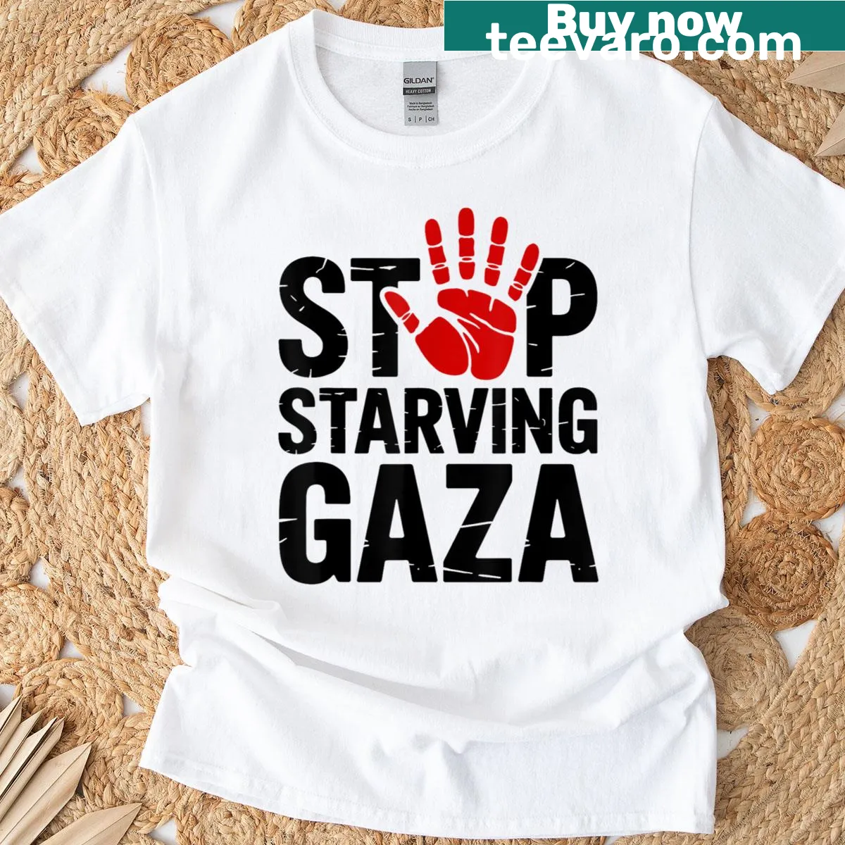 Social justice t-shirt with the phrase 'Stop Starving Gaza Save Children' — on a men's t-shirt