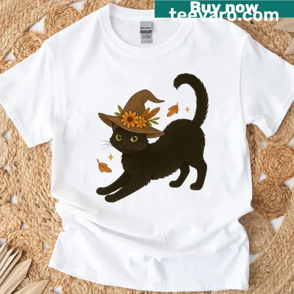 Illustration of a stretching black cat on autumn themed T-shirt
