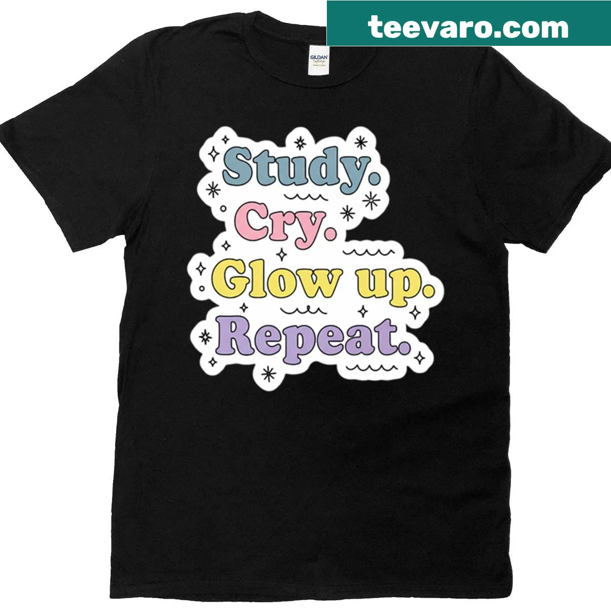 Playful design featuring 'Study Cry Glow Up Repeat' text — on a men's t-shirt