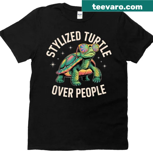 Stylized turtle graphic layered over crowd illustration t-shirt