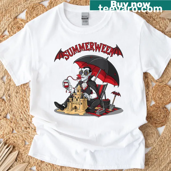 T-shirt featuring a vampire on the beach with a sandcastle.