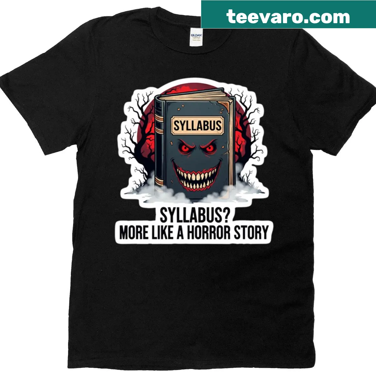 Oversized t-shirt featuring the phrase 'Syllabus More Like A Horror Story' in bold typography — on a men's t-shirt